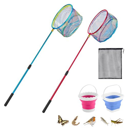 2PCS Telescoping Kids Fishing Net with Handle and Collapsible Bucket Kits-with Lightweight Aluminum Pole,Suitable for Catching and Releasing Fish,Minnow,Crabs,Butterfly,Frogs or Small Animals Outdoor