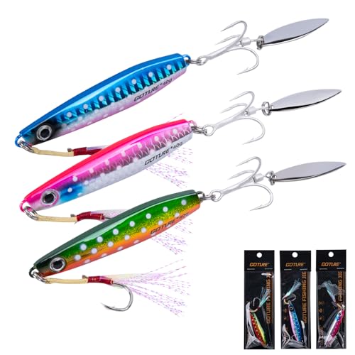 Goture Fishing Jigs, 40g 60g Vertical Jig Saltwater Freshwater, Jig Fishing Lures with Assist Hooks and Treble Hook, Jigging Spoon Lures for Tuna, Salmon,Striped Bass, Grouper Snapper,Kingfish - color: B1:3pcs Fishing Jigs, size: 1.41oz/40g
