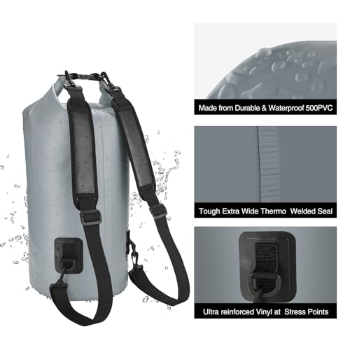Piscifun Dry Bag, Waterproof Floating Backpack 10L/20L/30L/40L with Waterproof Phone Case for Boating, Kayaking, Fishing - color: Grey, style: 20l