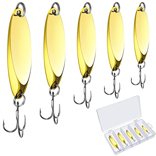 HESTYA Fishing Lures Spoons Saltwater Treble Trout Lures Hard Metal Spinner Baits 5 Sizes Casting Spoon Hooks for Salmon Bass in 1/5 1/4 3/8 1/2 3/4 oz - color: Gold
