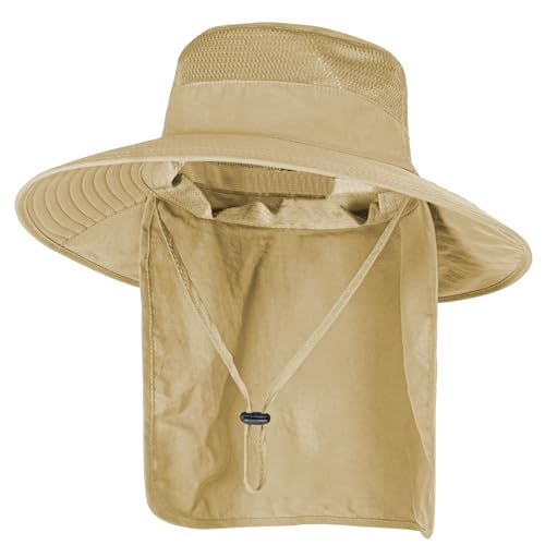 Sun Hats for Men Women Fishing Hat UPF 50+ Breathable Wide Brim Bucket Hats Summer UV Protection Safari Hat with Neck Flap - color: Khaki