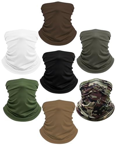 Xeoxarel Neck Gaiter, 7 Pack Cooling UV Protection, Bandana Face Mask Scarf for Men and Women - color: Black, White, Brown, Dark Grey, Olive Green, Sand, Camo