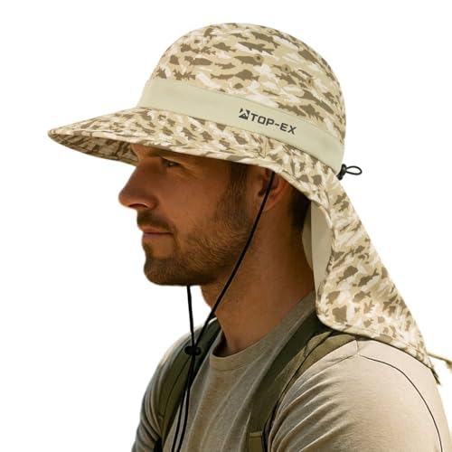 TOP-EX Cooling Sun Hat with Neck Flap – UPF 50+ Wide Brim Breathable Hat for Hiking, Fishing & Big Heads - color: Desert - Fish Camo, size: X-Large-XX-Large