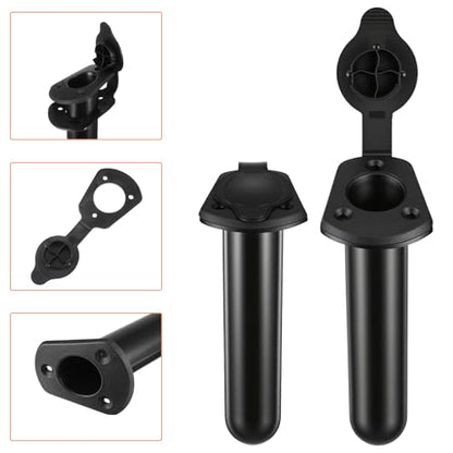 4 Pcs Kayak Deck Flush Mount Fishing Rod Holder with Cap Cover, Plastic Boat Rod Holders for Canoe and Tackle Accessory Tools, Black
