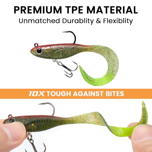 TRUSCEND Duramax Easy Catch Soft Fishing Lures with BKK Hook, Trembly Sinking & Vibrating Swim for More Bites, Pre-Rigged Curly & T-Tail Swimbait for Bass, Trout, Crappie, Freshwater Saltwater Fishing - color: A1-3"-1/4oz