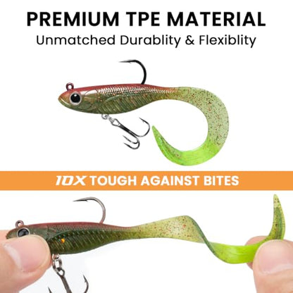 TRUSCEND Duramax Easy Catch Soft Fishing Lures with BKK Hook, Trembly Sinking & Vibrating Swim for More Bites, Pre-Rigged Curly & T-Tail Swimbait for Bass, Trout, Crappie, Freshwater Saltwater Fishing - color: A1-3"-1/4oz