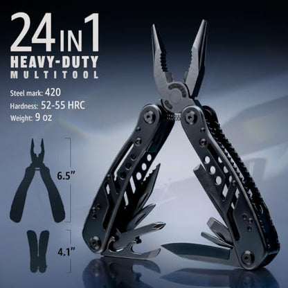 24-in-1 Multitool with Knife, Pliers & 11 Magnetic Bits - Black Stainless Steel Multi Tool for Camping, Hiking, EDC - Gift for Men 2238B - color: 2. Black