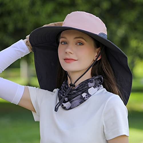 HUAMULAN Women Large Brim Sun Hat with Neck Flap, Men Quick Dry Hiking Fishing Safari Hat UPF 50+ - color: Hyp011-pink