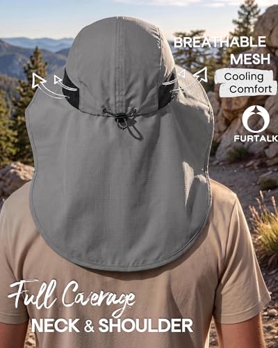 FURTALK Sun Hats for Men Women Fishing Hat with Neck Flap Chin Strap UPF 80+ Wide Brim Hiking Safari Summer Hats - color: Dark Grey