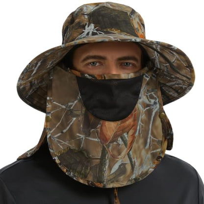 BASSDASH UPF 50+ Breathable Sun Hat with Removable Face Cover and Neck Flap Wide Brim Bucket Hat for Fishing Hiking Men Women - color: Autumn Forest