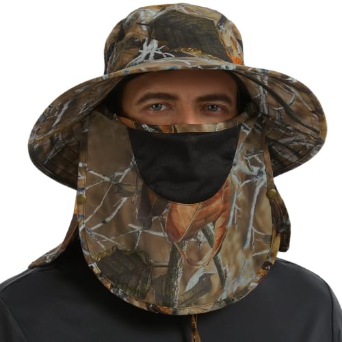 BASSDASH UPF 50+ Breathable Sun Hat with Removable Face Cover and Neck Flap Wide Brim Bucket Hat for Fishing Hiking Men Women - color: Autumn Forest