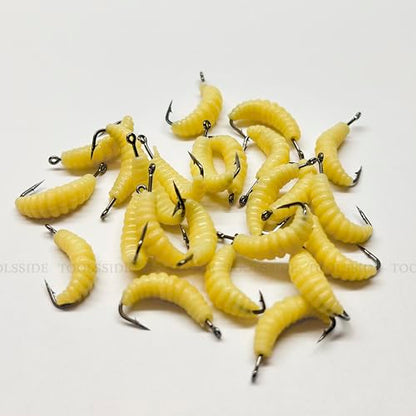 Bluegill Bait 24 Rubber Maggots with Hooks #10 Crappie Trout Panfish Lures | 24 Hooks + 24 Worms | Wax Worm Lure Grubs | Small Hook Micro Jig Soft Bait for Panfish Crappie | Freshwater Fishing Kit