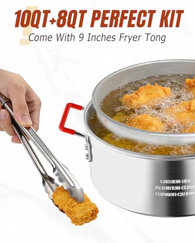 10QT Fish Fryer Pot with Basket, Lid & Tongs, Alumuinum Frying Pot | Deep Fryer Pot with Thermometer, For Fish, Chicken Wings & French Fries, Open Flame Only