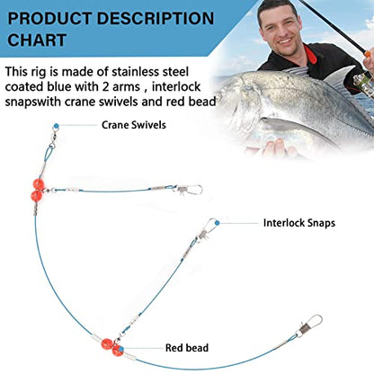 YOTO Fishing Leaders,Saltwater Tackle Rig with Swivels Snap, High-Strength Fishing Wire Gear Equipment for Lures Bait Or Hooks,1Arm and 2Arm - color: Blue Stainless Steel Leaders, style: 2arm，12pack