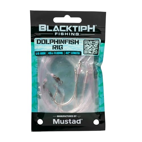 BlacktipH x Mustad | Dolphin Fish Rig 42 in, 5/0 Mustad 3407-SS-DT Stainless Hook, 40lb Fluorocarbon Leader, Pre-Tied Offshore Bait Rig for Mahi-Mahi.