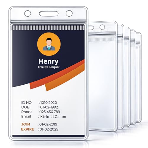 6 Pack Badge Holder, Plastic ID Badge Holder, Clear Waterproof ID Card Holder with Resealable Zip, 2.5" x 3.8" Vertical Name Tag Holder for Nurses and Office, Fits ID Card/Credit Card/Student Card