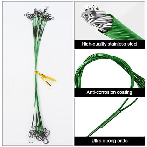 DONQL 50pcs Fishing Leaders, Stainless Steel Fish Line, 10/15/20/25/30cm Wire with Swivels Snaps Connect Fishing Gear and Equipment Tackle Kit, for Bait Lures Rigs Hooks - color: Green