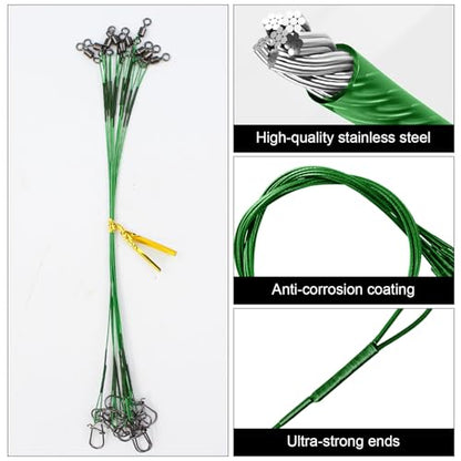 DONQL 50pcs Fishing Leaders, Stainless Steel Fish Line, 10/15/20/25/30cm Wire with Swivels Snaps Connect Fishing Gear and Equipment Tackle Kit, for Bait Lures Rigs Hooks - color: Green