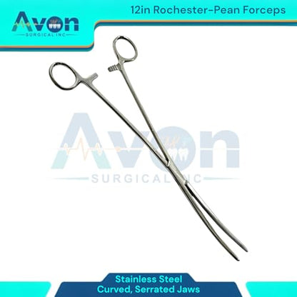 12inch Rochester-Pean Hemostat Forceps, Curved with Serrated Jaws - Lock-Ratcheting - Multi-Use, for Fishing, Veterinary, Crafts, and More - Stainless Steel (1 Each)