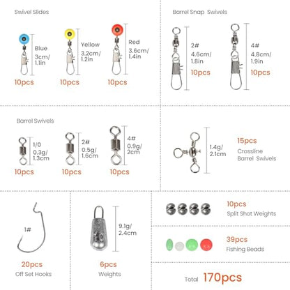 Fishing Accessories Kit, Fishing Set with Tackle Box, Fishing Hooks, Weights, Jig Heads, O-Rings, Barrel Swivels, Fastlock Snaps, Fishing Beads, Space Beans - Freshwater & Saltwater Fishing