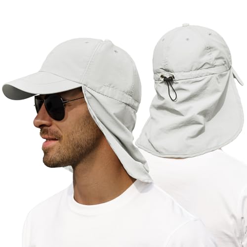 Zando Sun Hats with Neck Flap for Men UPF 50+ Waterproof Baseball Cap Adjustable Breathable Outdoor Hiking Fishing Hat - color: Light Grey