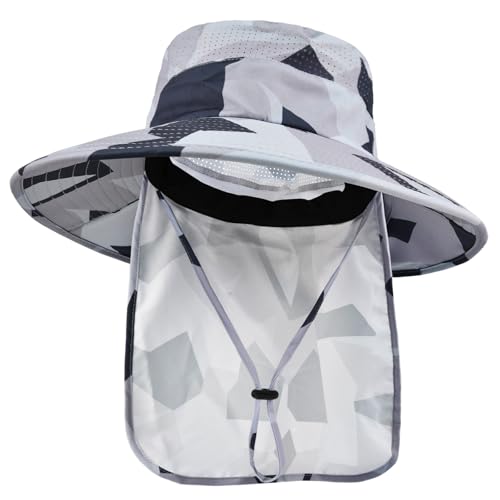 Sun Hats for Men Women Fishing Hat UPF 50+ Breathable Wide Brim Bucket Hats Summer UV Protection Safari Hat with Neck Flap - color: Camo Light Grey