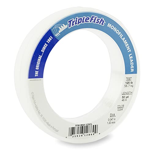 Triple Fish Monofilament Fishing Leader - Clear, Camo Strong Tough Leader Material for Big Game Fishing, Up to 400lb Test - color: Clear, style: 125 Lb Test, 1.20 Mm Dia, 50 Yd