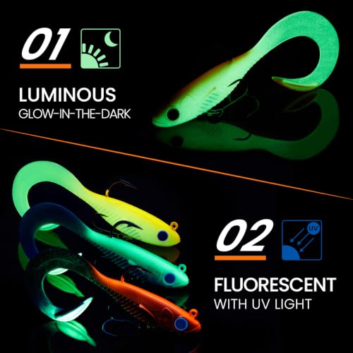 TRUSCEND Duramax Easy Catch Soft Fishing Lures with BKK Hook, Trembly Sinking & Vibrating Swim for More Bites, Pre-Rigged Curly & T-Tail Swimbait for Bass, Trout, Crappie, Freshwater Saltwater Fishing - color: A2-3.5"-3/8oz