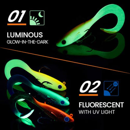 TRUSCEND Duramax Easy Catch Soft Fishing Lures with BKK Hook, Trembly Sinking & Vibrating Swim for More Bites, Pre-Rigged Curly & T-Tail Swimbait for Bass, Trout, Crappie, Freshwater Saltwater Fishing - color: A2-3.5"-3/8oz