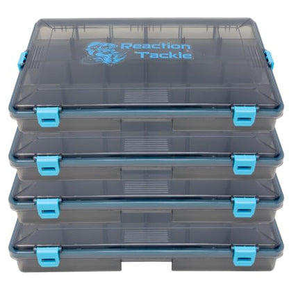 Reaction Tackle Standard Tackle Trays, Plastic Tackle Box Organizers with Four Secure Latches, Removable Dividers and Semi Transparent Lid for Fishing Storage - 3700 (4-Pack) - size: 3700 (4-Pack)