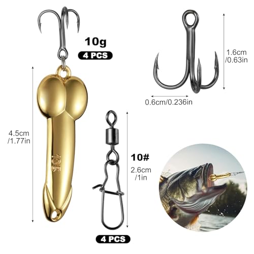 Realure 4Pcs Zinc Alloy Spoon Lures with Treble Hooks & Rolling Swivels,4 Weights 5g 10g 15g 20g Gold Silver Metal Spoon Fishing Tackle for Freshwater Lake Inshore Saltwater Bass Walleye Pike Trout - size: 10g 4Pcs