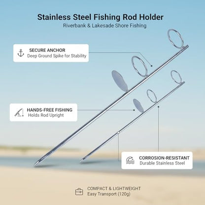 Stainless Steel Fishing Rod Holder Ground Spike for Bank Fishing - Tool-Free Soil Anchor for River & Lake Shorelines