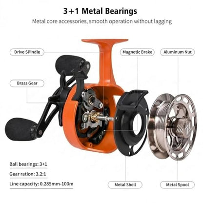 Ice Fishing Reel, 3.2:1 Gear Ratio Ultra Smooth 3+1 Ball Bearings and Magnetic Drop System, Aluminum Alloy Fishing Reel for Ice Fishing and Winter Angling - color: Orange-Right