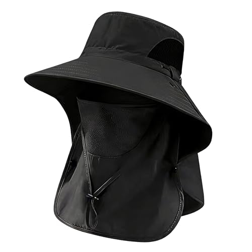 Sun Hat for Men and Women, UPF 50+ UV Protection, Wide Brim Breathable, Fish Hat with Neck Flap and Breathable Face Mask - color: Black
