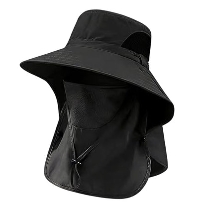 Sun Hat for Men and Women, UPF 50+ UV Protection, Wide Brim Breathable, Fish Hat with Neck Flap and Breathable Face Mask - color: Black