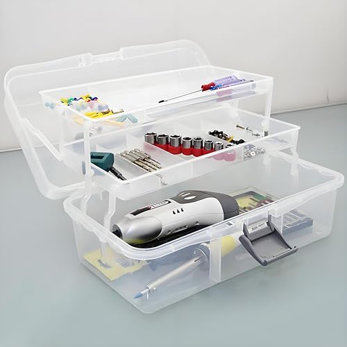 Tosnail 12-Inch 3 Layers Plastic Craft Organizer Box Storage Container First Aid Carrying Case for Sewing, Painting, Arts - Clear