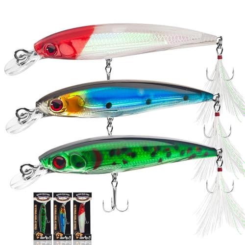 Floating Minnow Fishing Lures with Feathered Treble Hooks, 3D Lifelike Eyes & Holographic Finish, Topwater Hard Baits for Bass, Redfish, Freshwater & Inshore Saltwater Fishing, 3 Pack (A) - color: A-3.6inch/0.24oz/3pcs