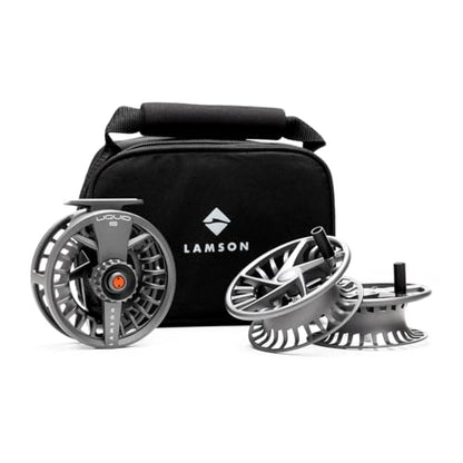 LAMSON | Liquid S-Series Fly Fishing Reel 3 Pack | All-Water | 1 Reel & 2 Bonus Spools + Carrying Case | Large Arbor, Powerful Sealed Drag, Pressure Cast Aluminum - color: SMOKE HD, size: -9+