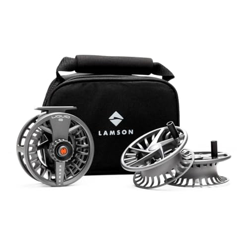 LAMSON | Liquid S-Series Fly Fishing Reel 3 Pack | All-Water | 1 Reel & 2 Bonus Spools + Carrying Case | Large Arbor, Powerful Sealed Drag, Pressure Cast Aluminum - color: SMOKE HD, size: -5+