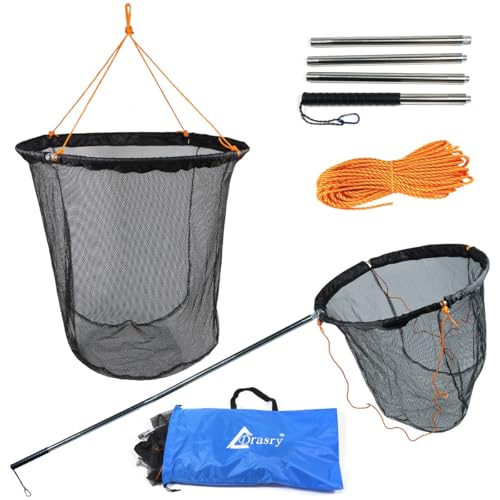 Drasry Large Collapsible Bridge Pier Fishing Net Landing Net with Rod, High Load Aluminum Ring Drop Net for Saltwater and Freshwater Pier Fishing Basket with 49.2 ft. Rope - color: Black, size: 23.6 x 23.6 x 27.5", style: Small Size Mesh