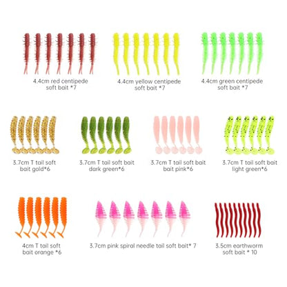 68pcs Fishing Topwater Lures Kits Mixed Artificial Baits Tackle Box, Soft Plastic Fishing Lures Baits Including Soft Worm Centipede for Bass Trout Walleye