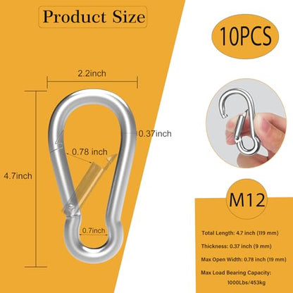 Heavy-Duty Carabiner Clip 1.57"–5.5", Black/Silver Spring Snap Hook, Quick Link Keychain Clip for Keys, Swing Set, Camping, Fishing, Hiking & Traveling (120–1350 lbs) - color: Silver, size: 4.7Inch(M12)-10PCS