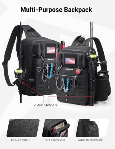 Piscifun Fishing Backpack Tackle Bag with 2 Rod Holders, Multi-Compartment Storage, MOLLE System, Water-Resistant Lightweight Outdoor Pack - color: Double Shoulder - Khaki, style: Large