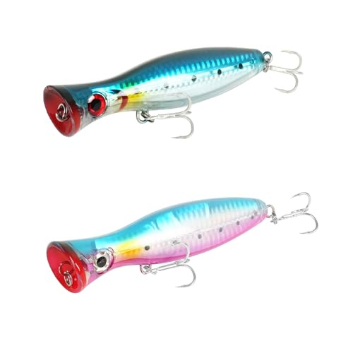 Large Top Water Popper Lure: 2pcs 3D Eyes Tuna Popper Saltwater Fishing Lures for Surf Fishing Gt Tuna Kingfish Large Predator Fish - color: Blue Dark Blue