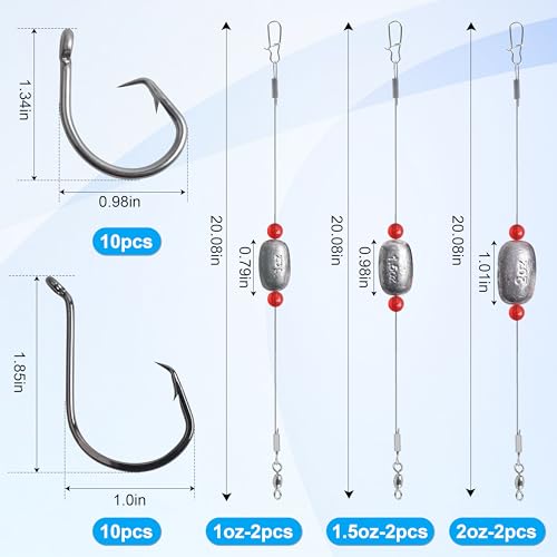 SILANON Pre-Rigged Carolina rig Saltwater Grouper Rig Egg Sinker Flounder Rigs with 10 Circle Hooks Steel Wire Leader for Catfish Snapper Flounder Halibut Redfish Surf Fishing Bottom Rig - size: Egg sinker Rig(6pcs)+Circle hooks(20pcs)