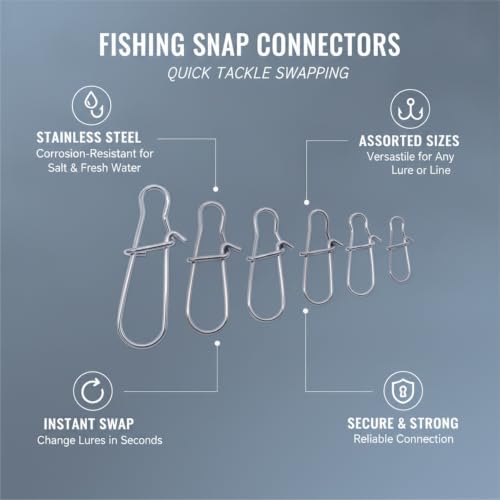100-Pack Fishing Snap Connectors, Stainless Steel Lure Snaps for Quick Tackle Swapping, Assorted Sizes Saltwater and Freshwater Terminal Tackle Accessories - size: 3.54 x 2.76 x 0.79"