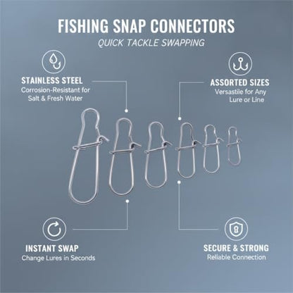 100-Pack Fishing Snap Connectors, Stainless Steel Lure Snaps for Quick Tackle Swapping, Assorted Sizes Saltwater and Freshwater Terminal Tackle Accessories - size: 3.54 x 2.76 x 0.79"