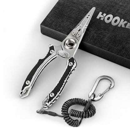 HOOK-EZE Anti-Twist Fishing Pliers with Multi-Function Design, 7.1" Saltwater 17-4 Stainless Steel Fishing Gear with G10 Handles, Split Ring Pliers, Fish Hook Remover Tool - Black/White - color: Black/White