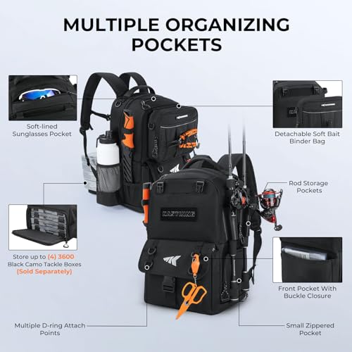 KastKing BaitSpace Fishing Tackle Backpack with Removable Bait Binder,2 Rod Holders Storage Fishing Gear and Equipment - color: A: Black (With (4) 3600 tackle boxes)