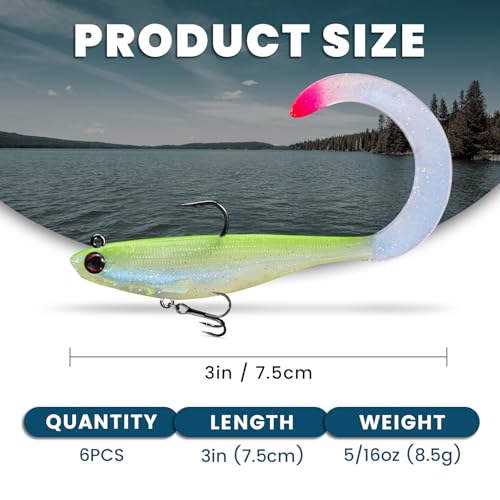 Pre-Rigged Soft Fishing Lures, Easy Catch Swimbaits for Bass Trout | Paddle & Curly Tail, Swim Baits for More Bites, Freshwater & Saltwater Fishing Bait, Crappie Walleye Pike Lures, Value Pack - color: B1-3"-0.31oz
